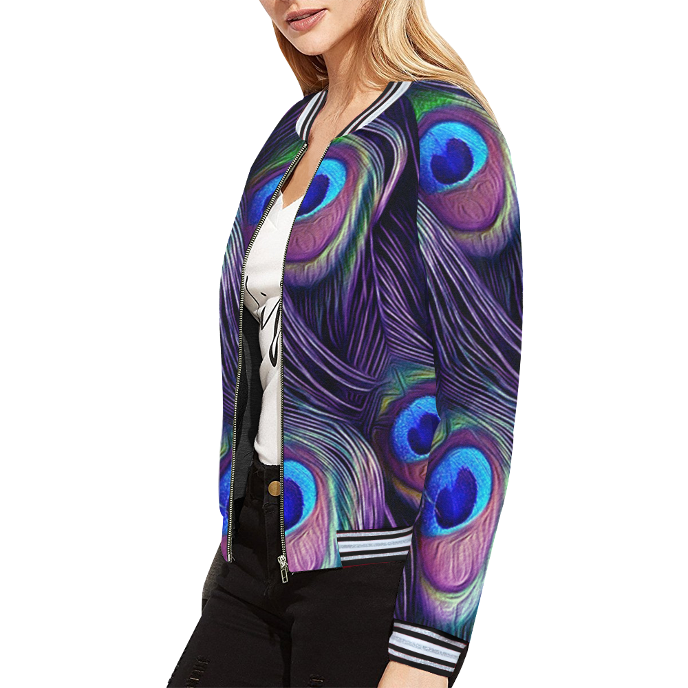 Peacock Feather All Over Print Bomber Jacket for Women (Model H21)
