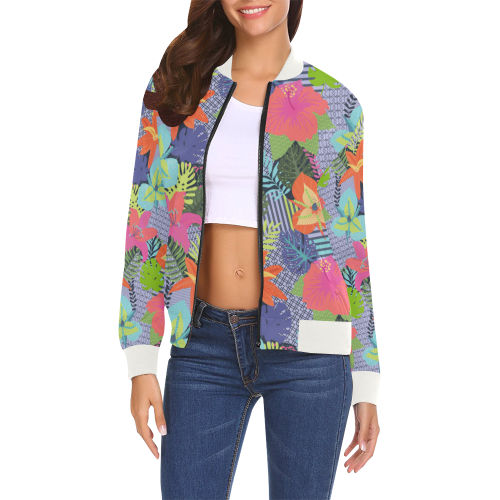 Geometric Shapes Tropical Flowers Pattern 1 All Over Print Bomber Jacket for Women (Model H19)
