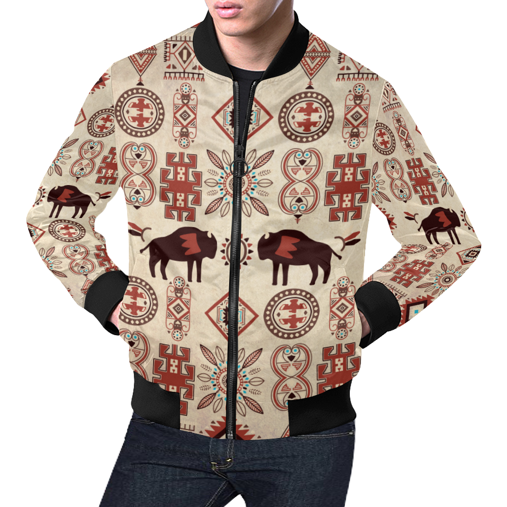 American Native Buffalo All Over Print Bomber Jacket for Men (Model H19)