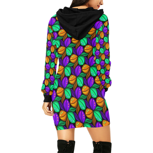 Tricolor Floral Pattern Orange Green and Violet All Over Print Hoodie Mini Dress (Model H27)