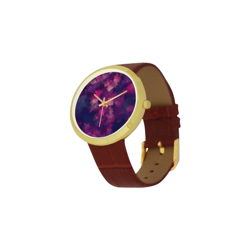 purple pink magenta cubism #modern Women's Golden Leather Strap Watch(Model 212)