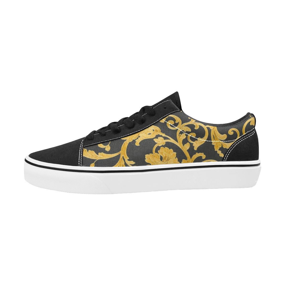 Cashmere Italian Floral print Black And Gold Women's Low Top Skateboarding Shoes/Large (Model E001-2)