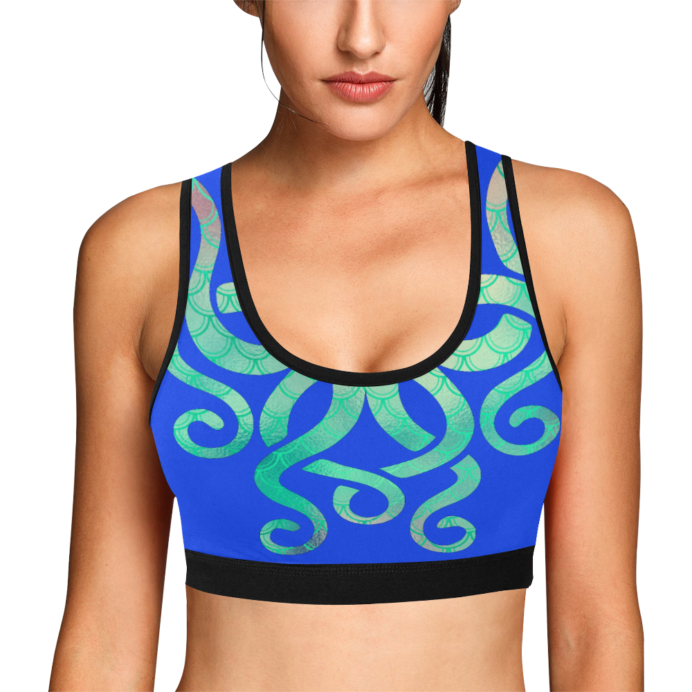 Artsy metal green Octopus on electric blue Women's All Over Print Sports Bra (Model T52)