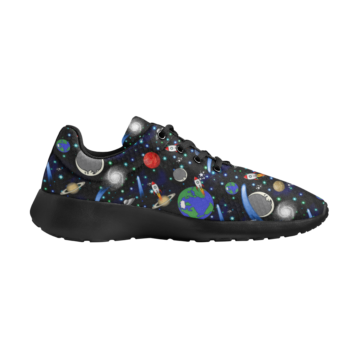 Galaxy Universe - Planets, Stars, Comets, Rockets (Black) Women's Athletic Shoes (Model 0200)