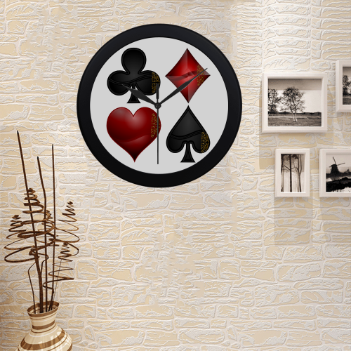 Las Vegas Black and Red Casino Poker Card Shapes  (White/Black Frame) Circular Plastic Wall clock