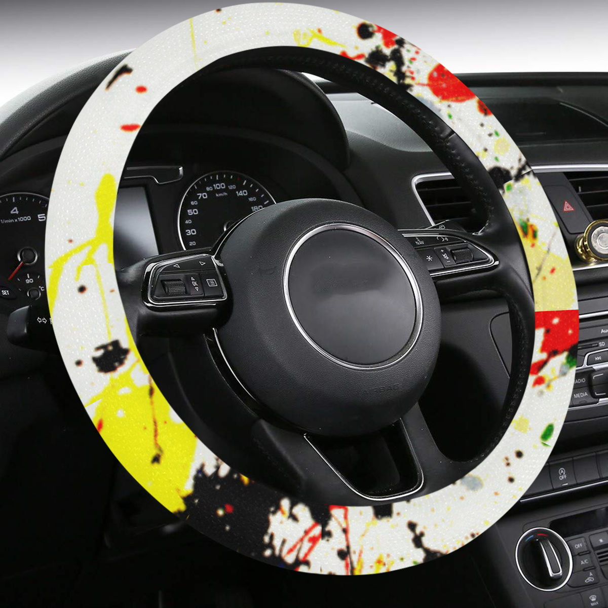 Black, Red, Yellow Paint Splatter Steering Wheel Cover with Anti-Slip Insert
