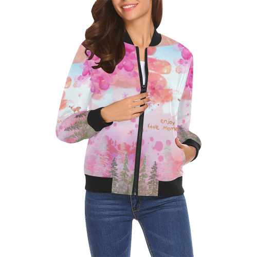 Little Deer in the Magic Pink Forest All Over Print Bomber Jacket for Women (Model H19)