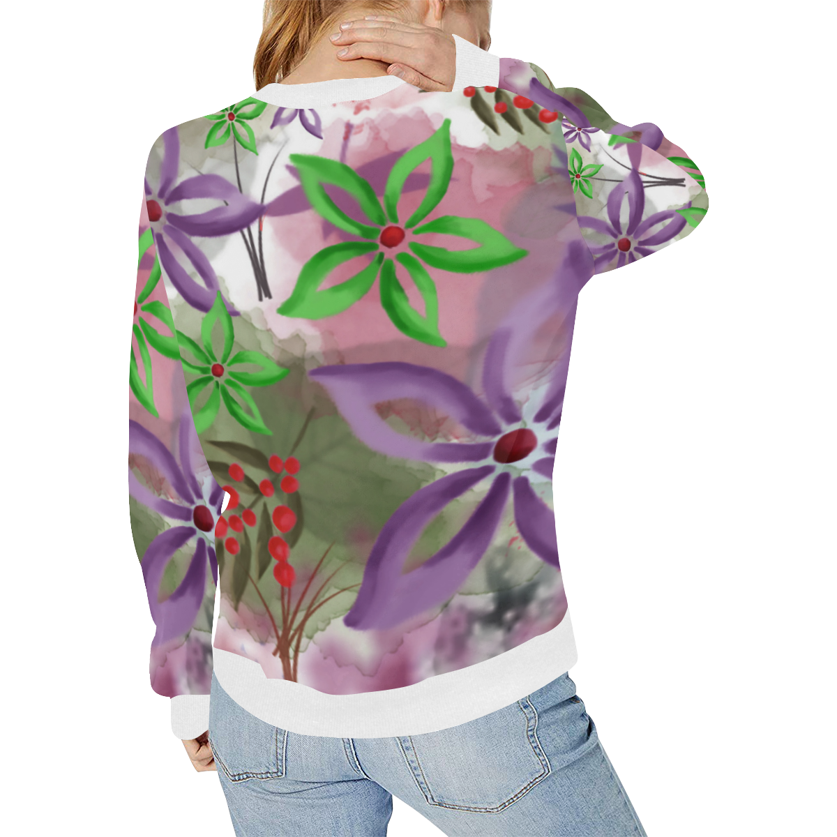 Flower Pattern - purple, violet, green, red Women's Rib Cuff Crew Neck Sweatshirt (Model H34)