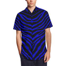 Ripped SpaceTime Stripes - Blue Men's Short Sleeve Shirt with Lapel Collar (Model T54)