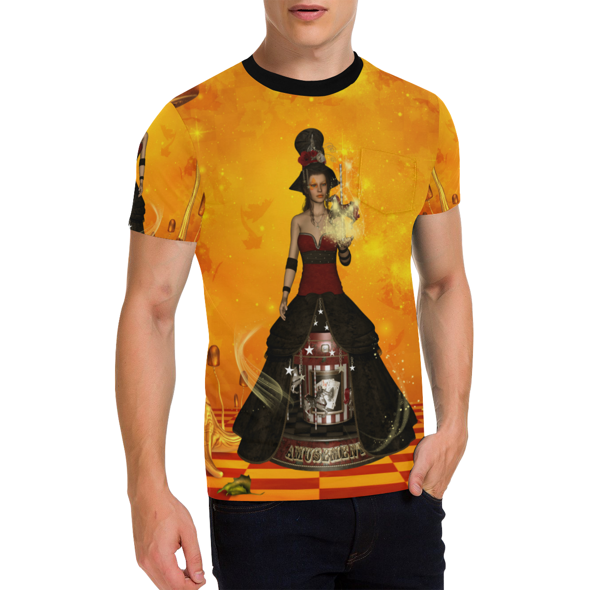 Fantasy women with carousel Men's All Over Print T-Shirt with Chest Pocket (Model T56)