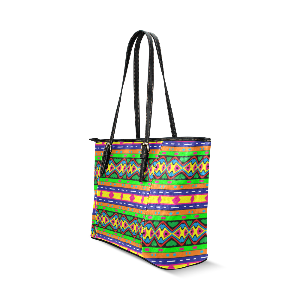 Distorted colorful shapes and stripes Leather Tote Bag/Large (Model 1640)