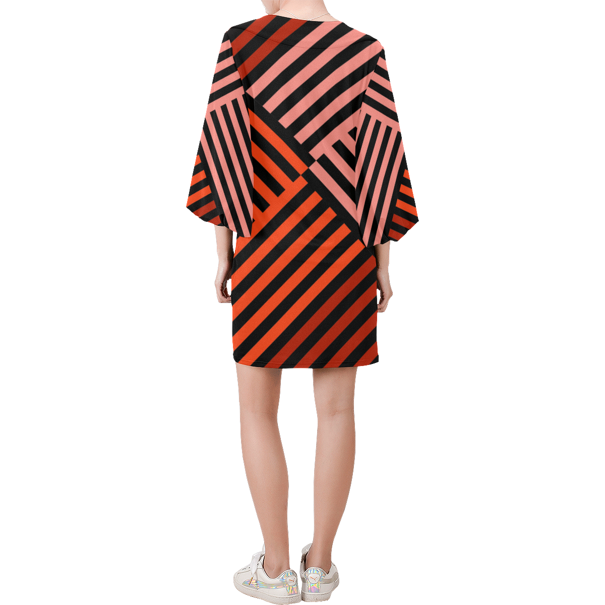 Diagonal Striped Pattern Bell Sleeve Dress (Model D52)