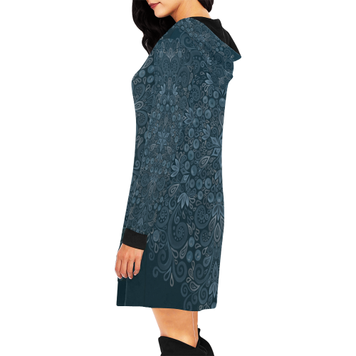 Blueberry Field, Blue, Watercolor Mandala All Over Print Hoodie Mini Dress (Model H27)