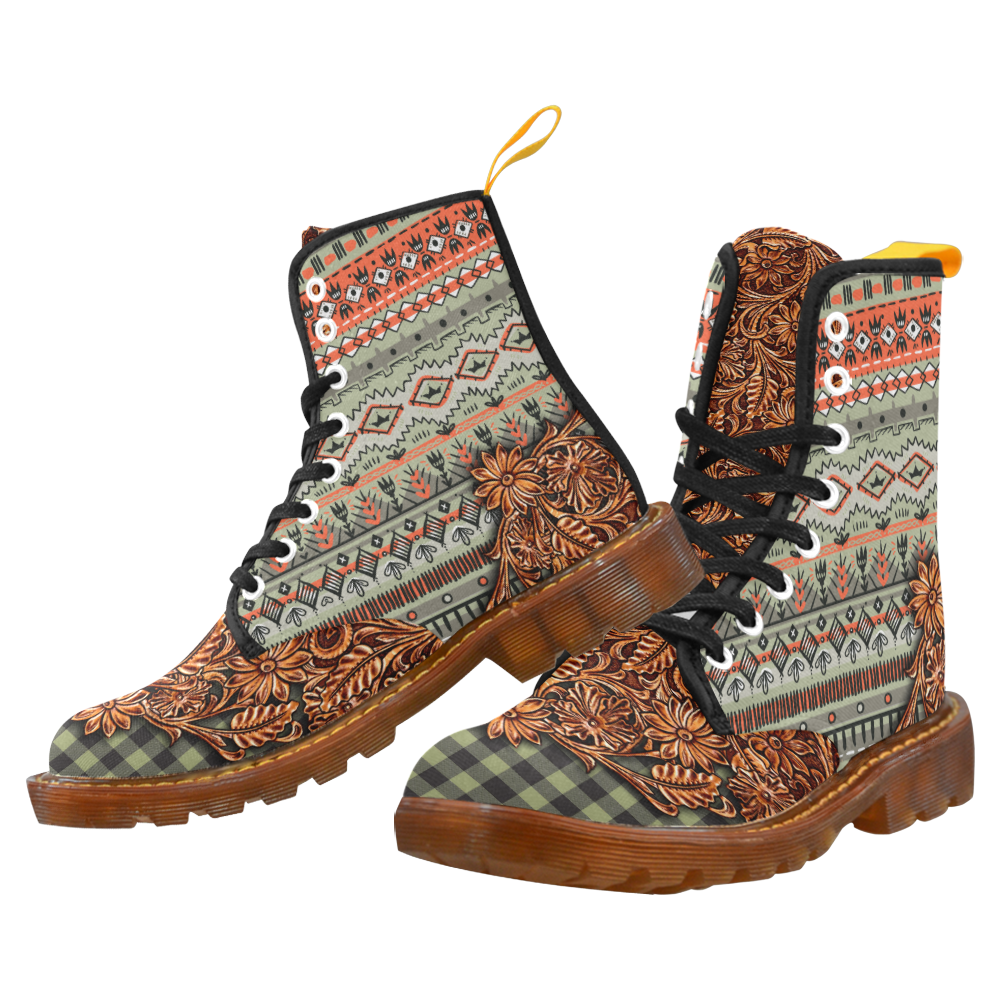Bohemian Tribal And Plaid Olive Martin Boots For Women Model 1203H