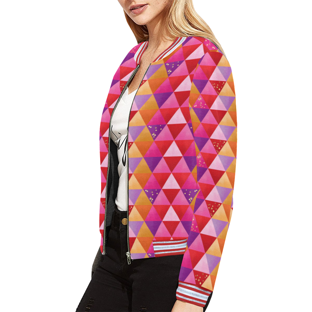 Triangle Pattern - Red Purple Pink Orange Yellow All Over Print Bomber Jacket for Women (Model H21)