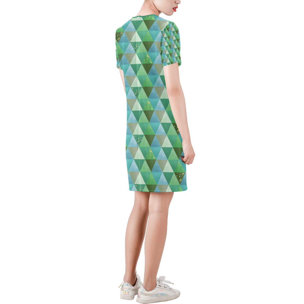 Triangle Pattern - Green Teal Khaki Moss Short-Sleeve Round Neck A-Line Dress (Model D47)
