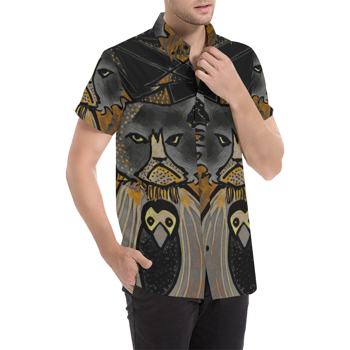 mean cat and crow Men's All Over Print Short Sleeve Shirt (Model T53)