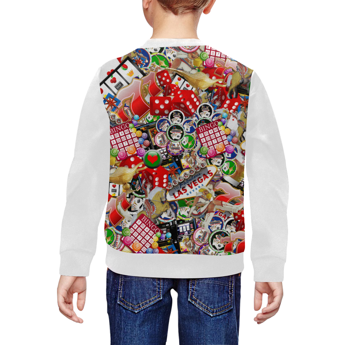 Gamblers Delight - Las Vegas Icons Vest Style White All Over Print Crewneck Sweatshirt for Kids (Model H29)
