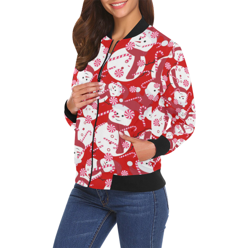 Candy Cane Santa Christmas Party RED All Over Print Bomber Jacket for Women (Model H19)