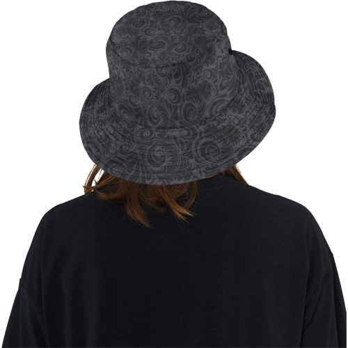 Denim with vintage floral pattern, black grey All Over Print Bucket Hat