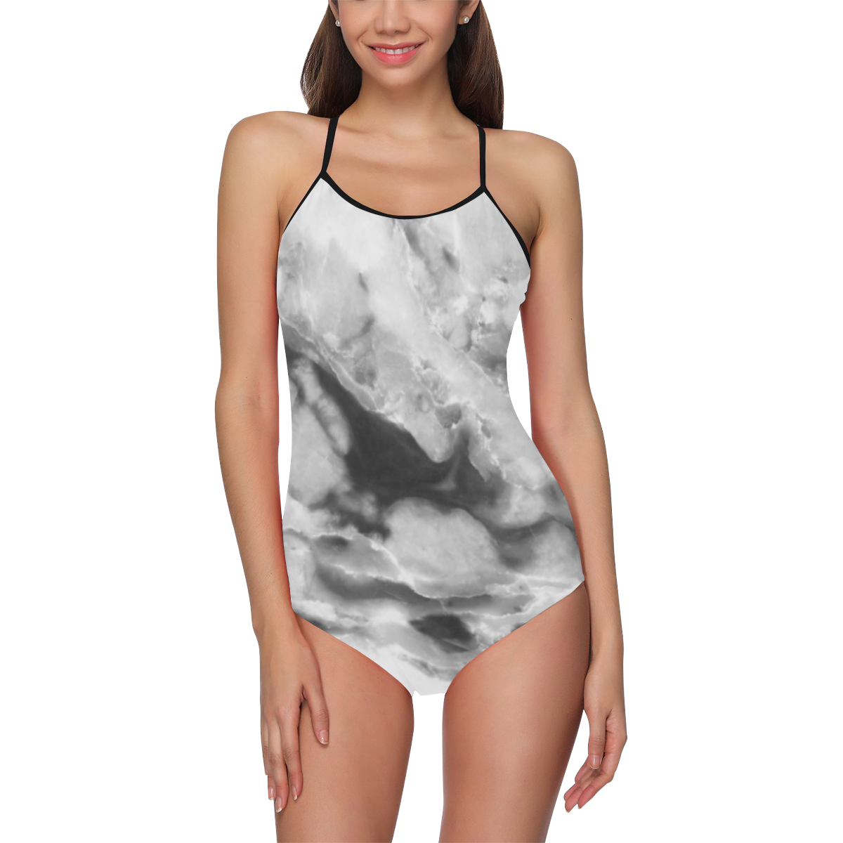 Marble Black and White Pattern Strap Swimsuit ( Model S05)