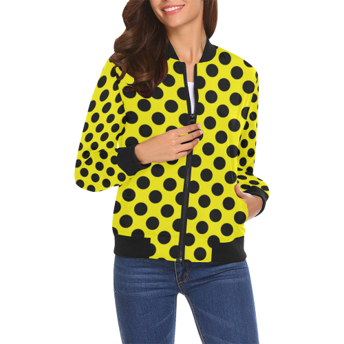 Black Polka Dots on Yellow All Over Print Bomber Jacket for Women (Model H19)