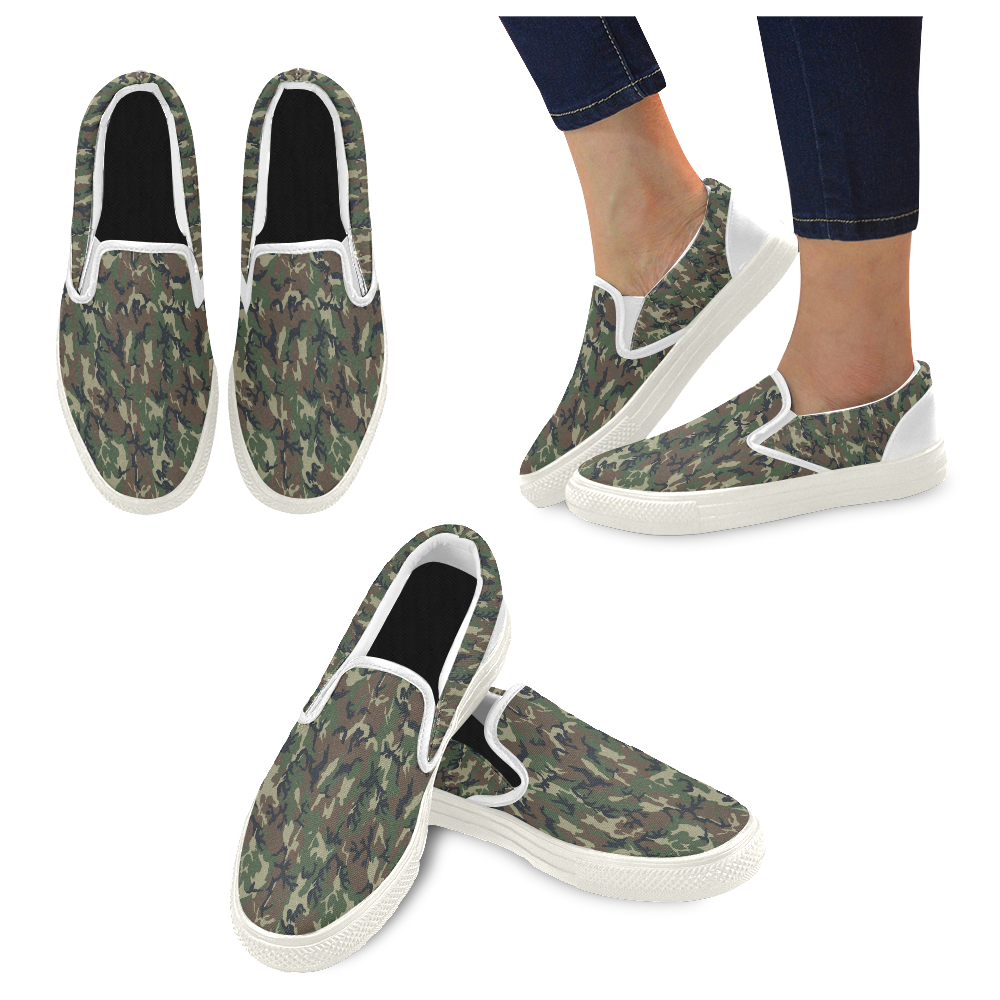 Woodland Forest Green Camouflage Women's Unusual Slip-on Canvas Shoes (Model 019)