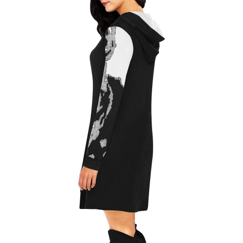 Black and White Sleeved All Over Print Hoodie Mini Dress (Model H27)