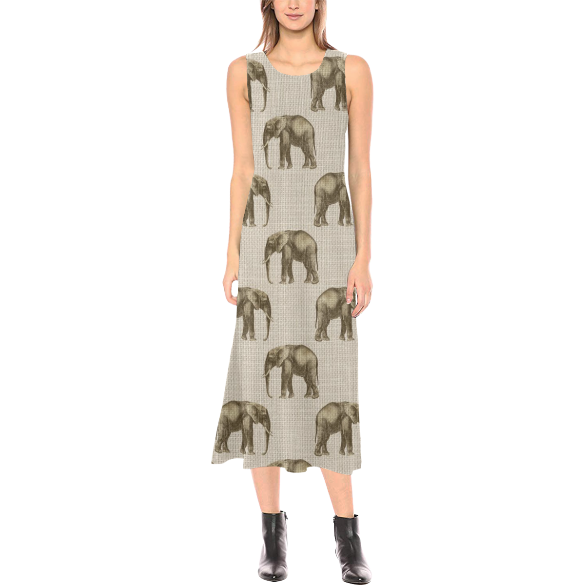 Linen Elephant Animal Print Phaedra Sleeveless Open Fork Long Dress (Model D08)