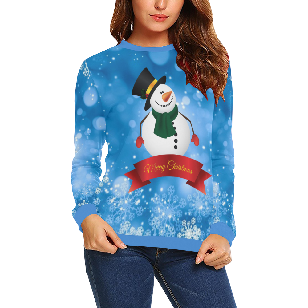 Merry Christmas Snowman All Over Print Crewneck Sweatshirt for Women (Model H18)