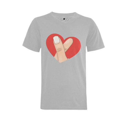 Red Heart Fingers / Silver Men's V-Neck T-shirt  Big Size(USA Size) (Model T10)