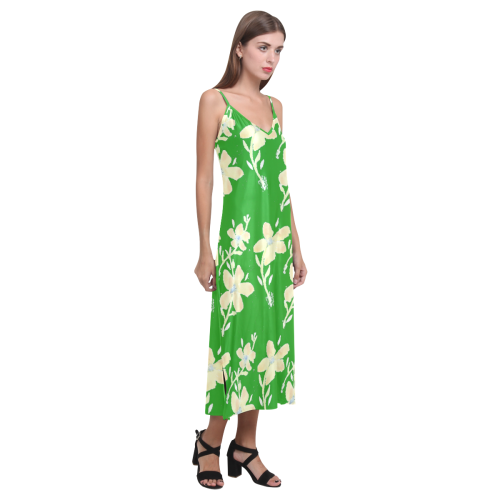 Green V Neck Dress With Yellow Flowers V-Neck Open Fork Long Dress(Model D18)