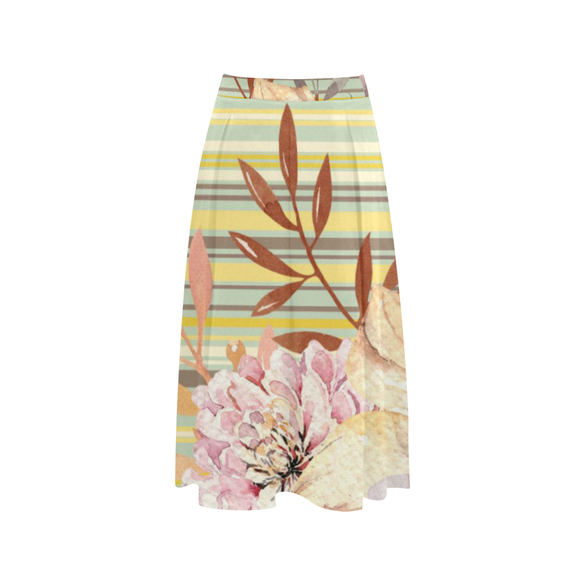 Flowers on Stripes Yellow Tan Aoede Crepe Skirt (Model D16)