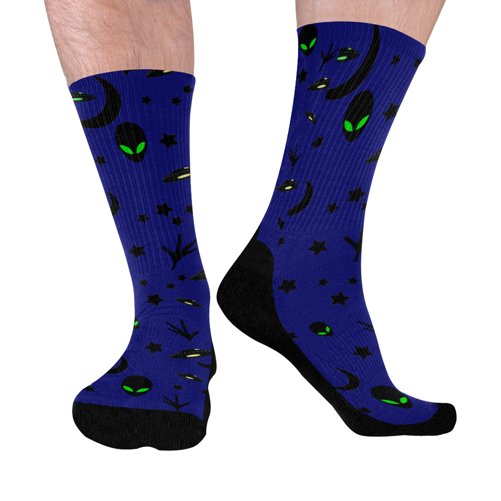 Alien Flying Saucers Stars Pattern on Blue Mid-Calf Socks (Black Sole)