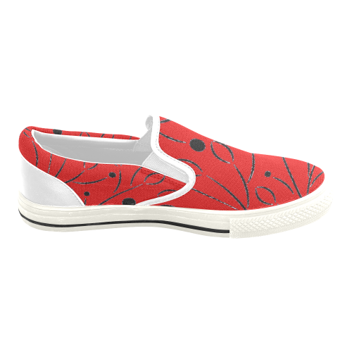 Red Black Abstract Leaf Slip-on Canvas Shoes for Kid (Model 019)