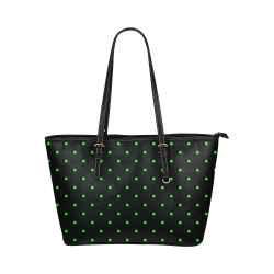 Green Polka Dots on Black Leather Tote Bag/Large (Model 1651)