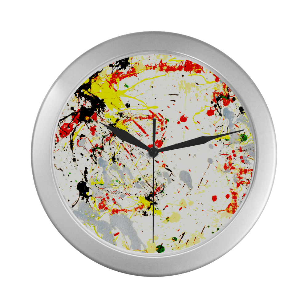 Black, Red, Yellow Paint Splatter Silver Color Wall Clock