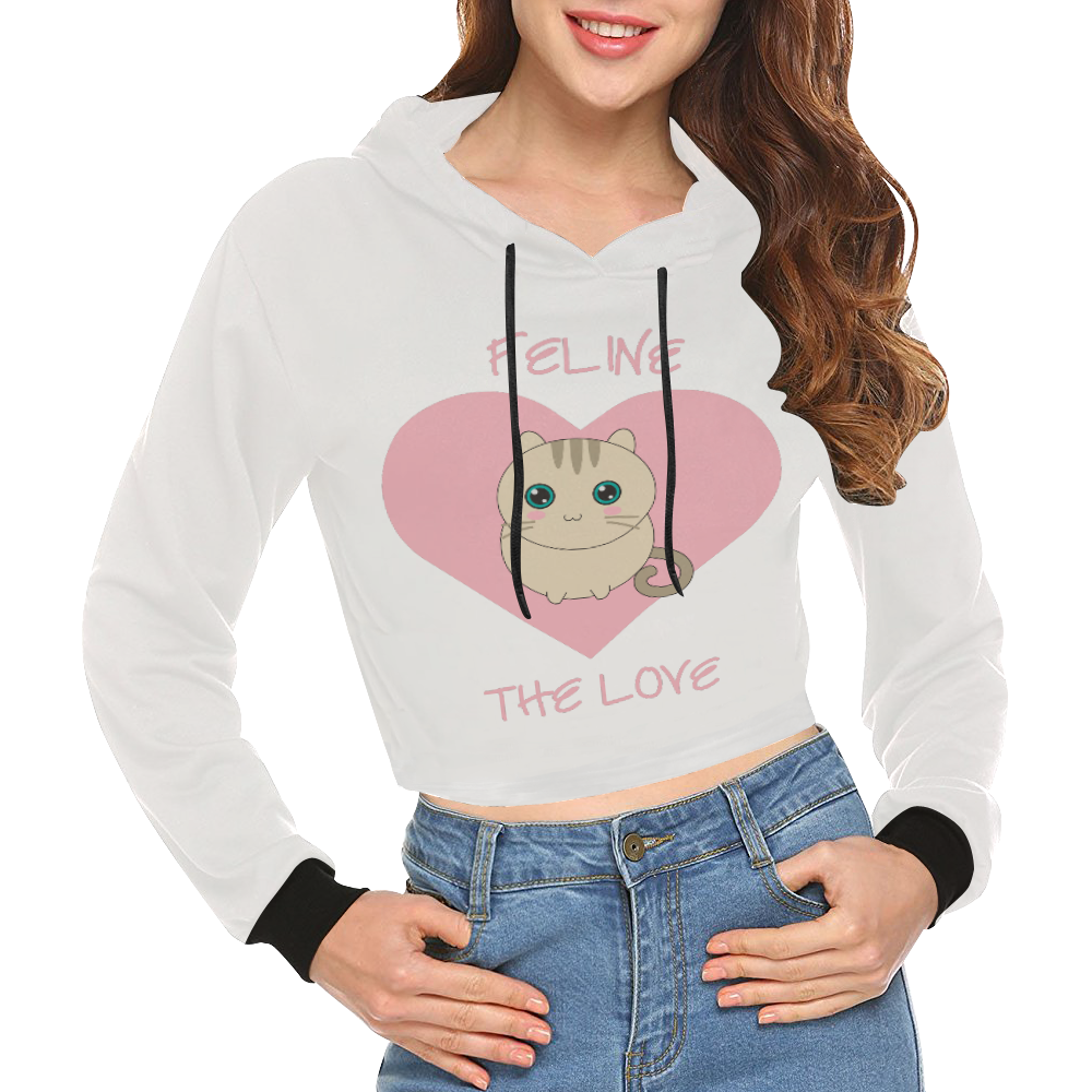 Feline the love (white) All Over Print Crop Hoodie for Women (Model H22)