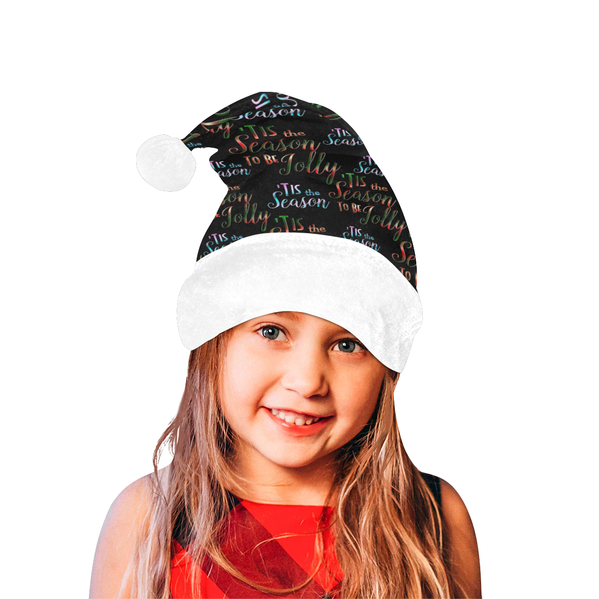 xmas Text Tis The Season Pattern on Black Santa Hat
