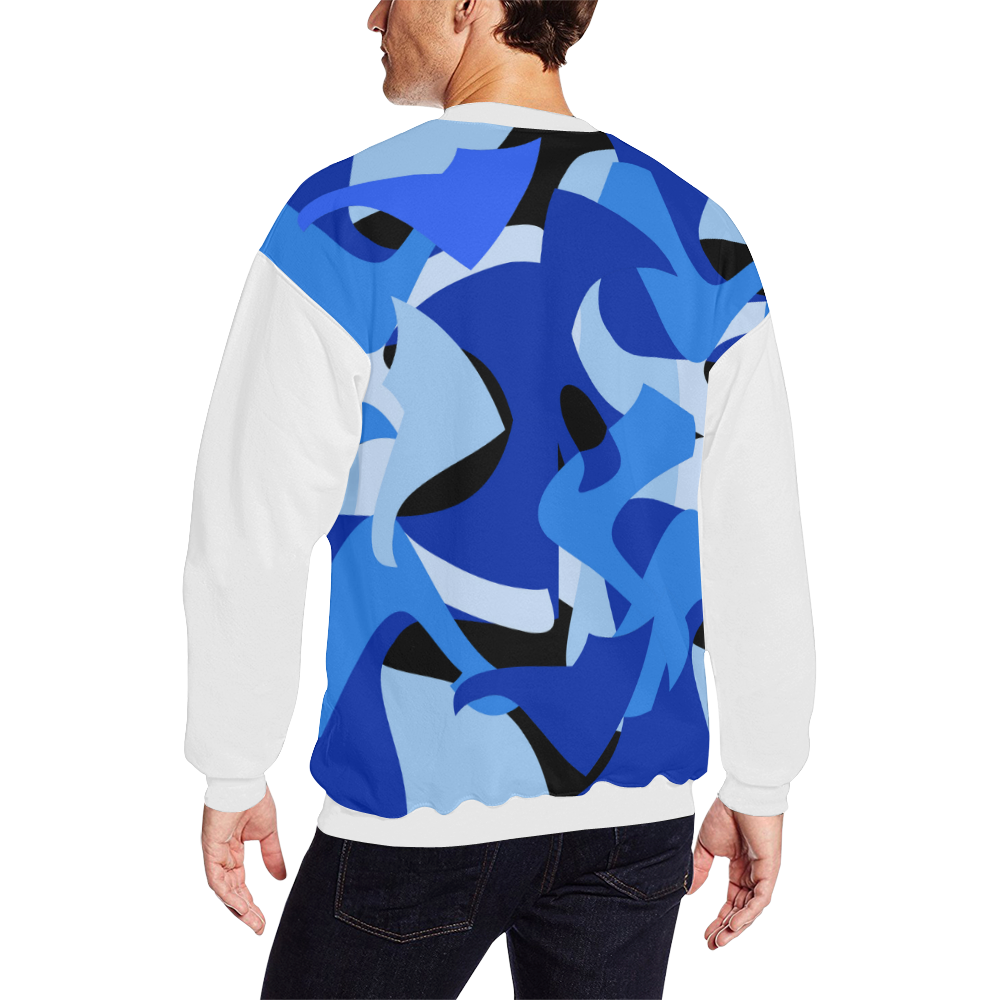 Camouflage Abstract Blue and Black (Vest Style) White All Over Print Crewneck Sweatshirt for Men (Model H18)