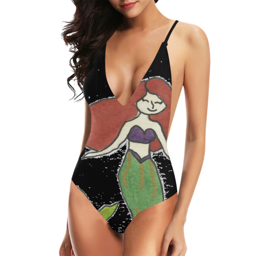 Black Mermaid Swimming Costume Sexy Lacing Backless One-Piece Swimsuit (Model S10)