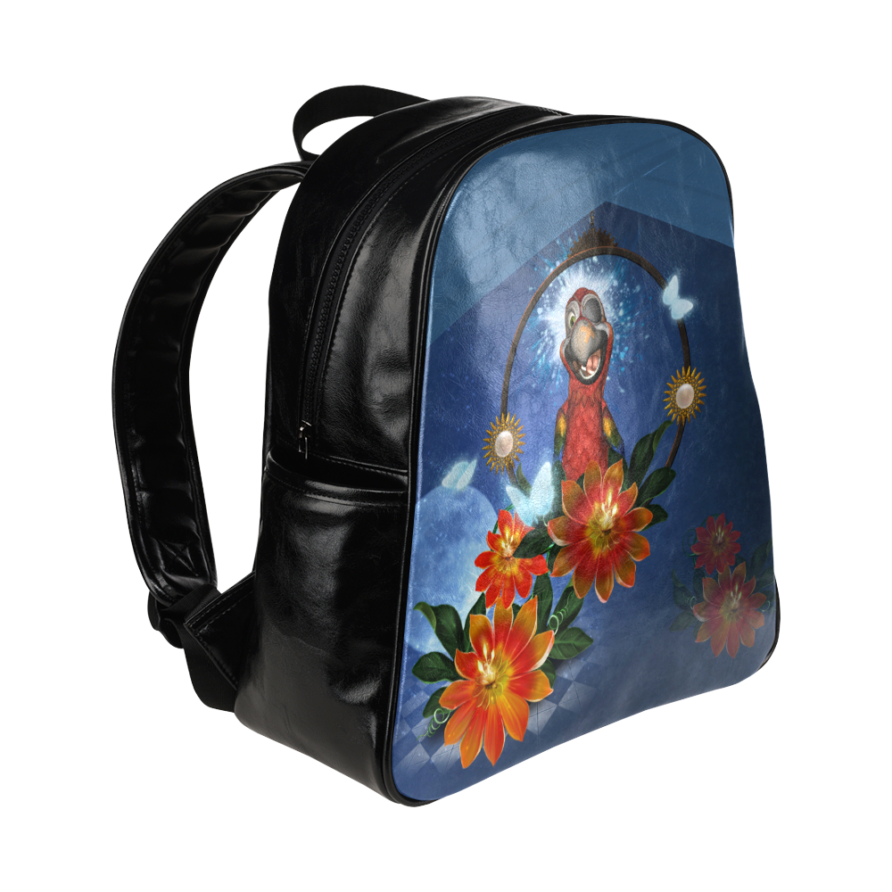 Funny parrot with flowers Multi-Pockets Backpack (Model 1636)