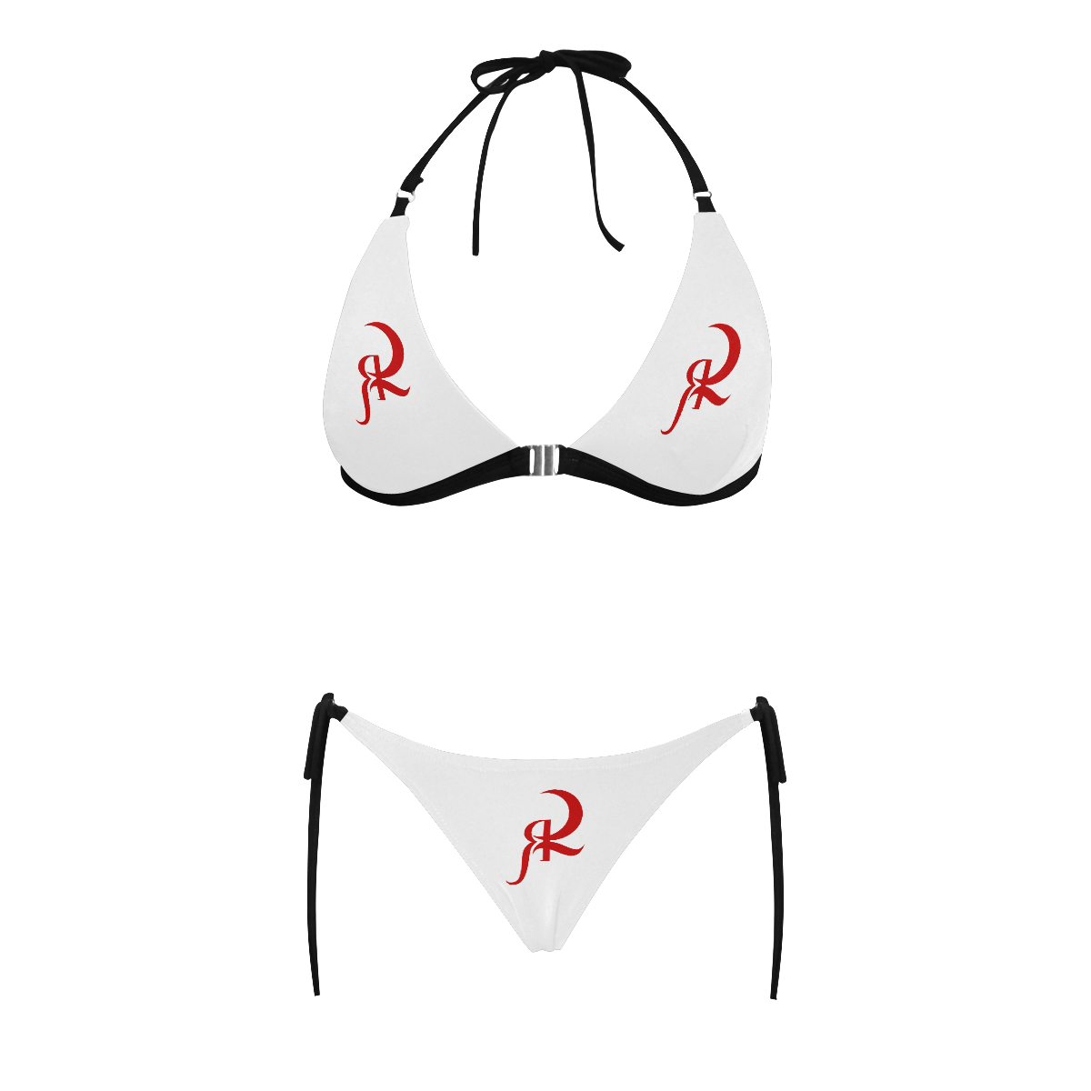 RED QUEEN SYMBOL RED & WHITE BLACK LINING Buckle Front Halter Bikini Swimsuit (Model S08)