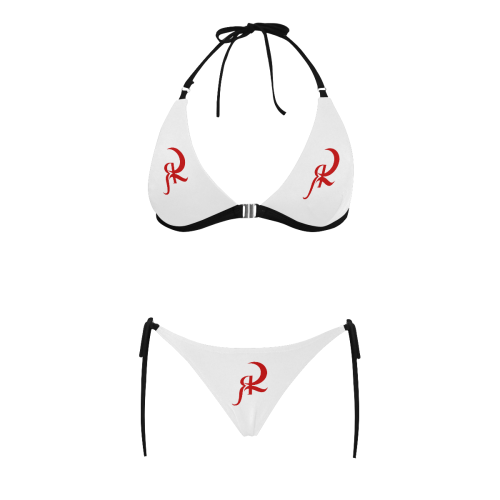 RED QUEEN SYMBOL RED & WHITE BLACK LINING Buckle Front Halter Bikini Swimsuit (Model S08)