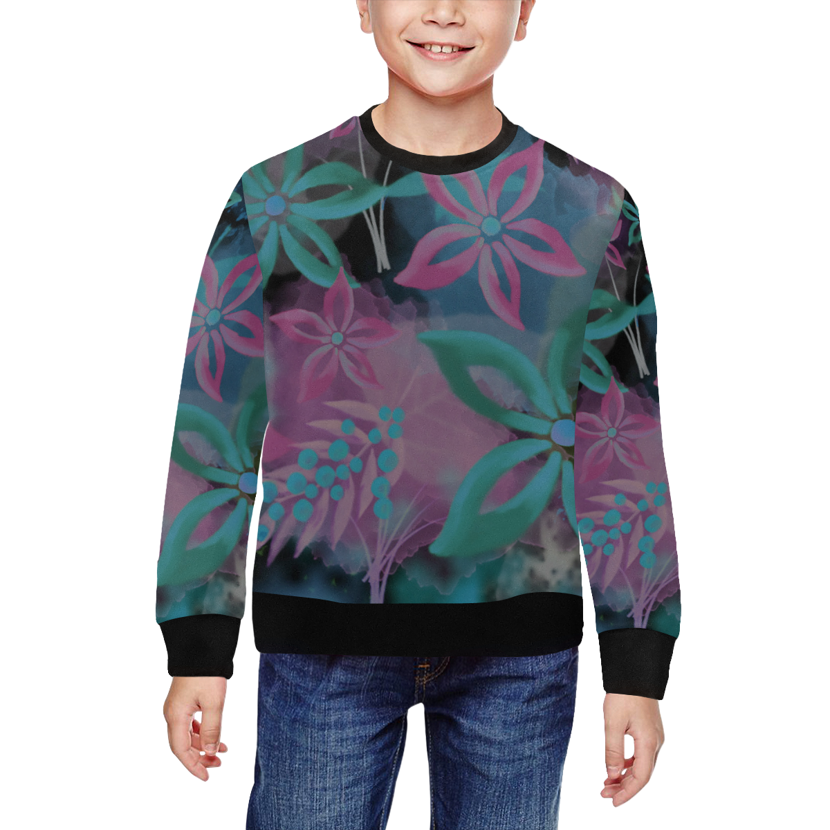 Flower Pattern - black, teal green, purple, pink All Over Print Crewneck Sweatshirt for Kids (Model H29)