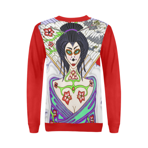 Geisha Sugar Skull Red All Over Print Crewneck Sweatshirt for Women (Model H18)