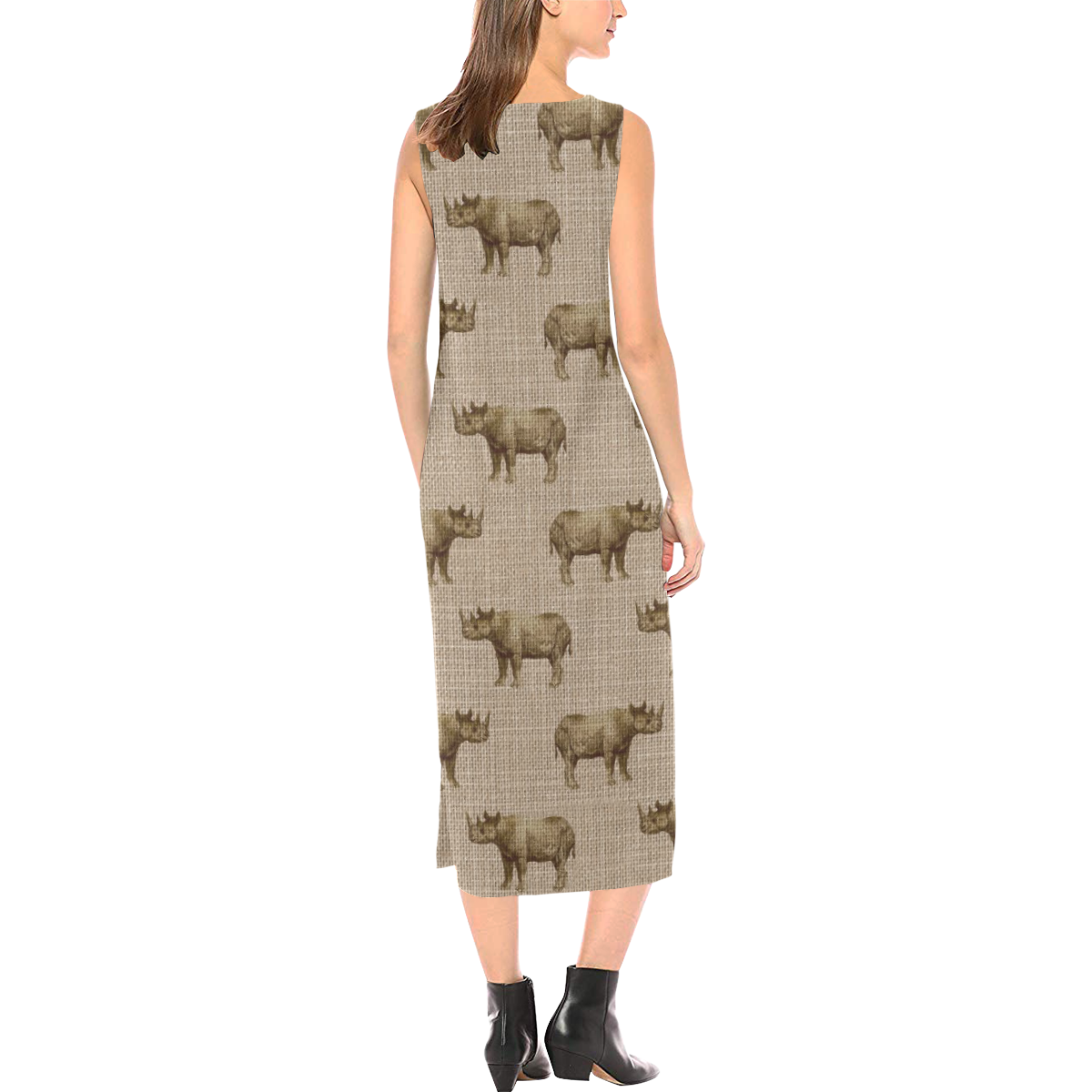 Linen Rhino Animal Print Phaedra Sleeveless Open Fork Long Dress (Model D08)