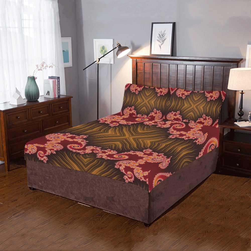 Red and Brown Hearts Lace Fractal Abstract 3-Piece Bedding Set