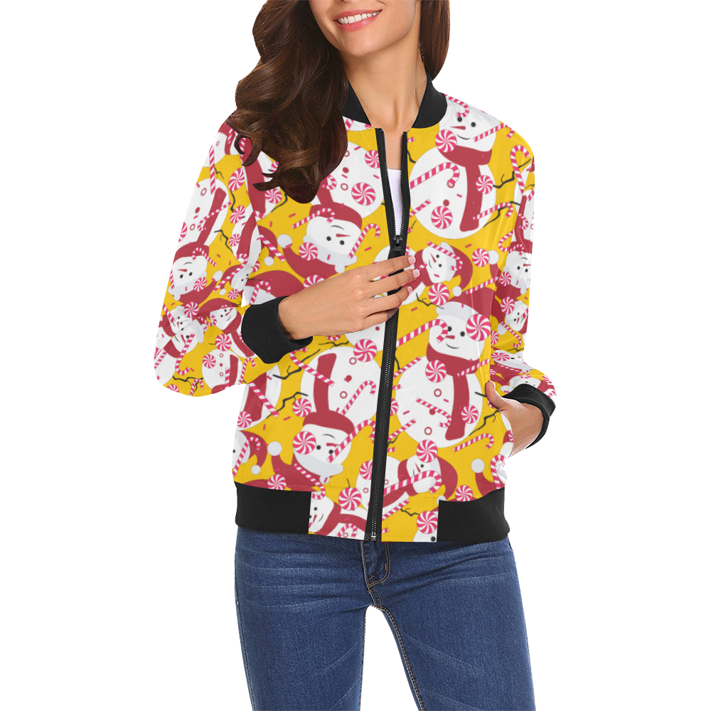 Candy Cane Santa Christmas Party YELLOW All Over Print Bomber Jacket for Women (Model H19)