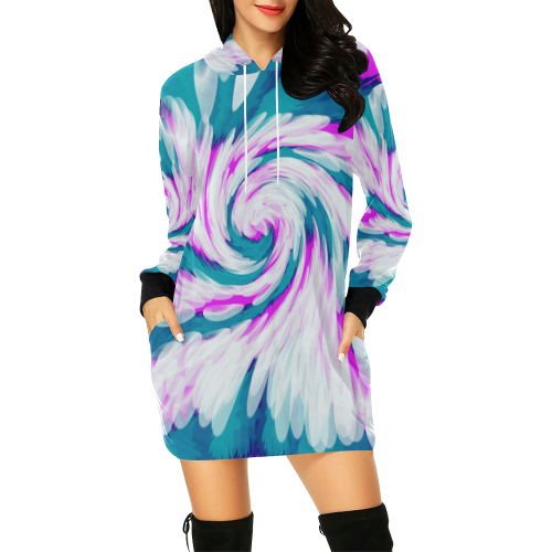 Turquoise Pink Tie Dye Swirl Abstract All Over Print Hoodie Mini Dress (Model H27)